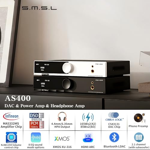 SMSL AS400 パワー アンプ DAC ヘッドホンアンプ 一体型 2.1ch 165W x2 MA5332MS MM フォノアンプ CS43131 MQA CD デコーダー デジタル ステレオ オーディオ 6.35mm/4.4mm ヘッドフォンアンプ USB/Bluetooth 5.1/Coax/Opt/RCA/Phono/HDMI ARC 入力 サブウーファー （シルバー）